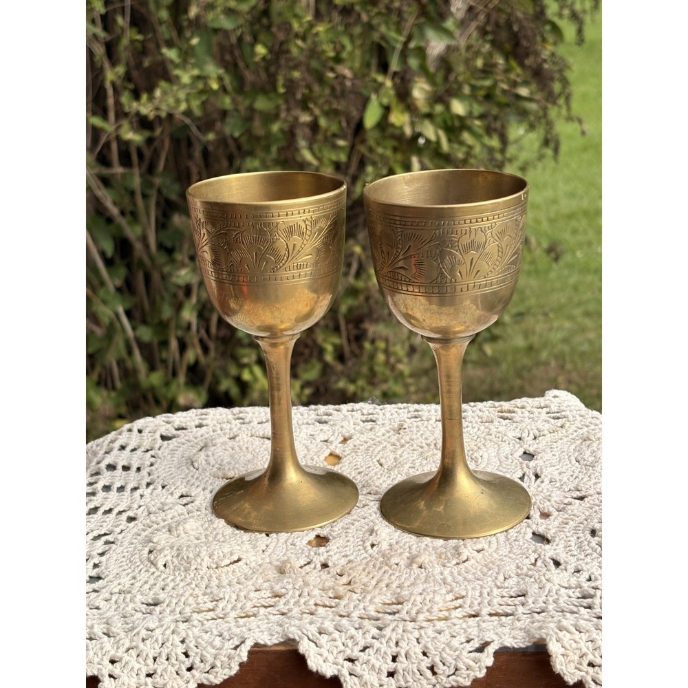 Vintage Brass Etched Wine Goblet Set Of Two